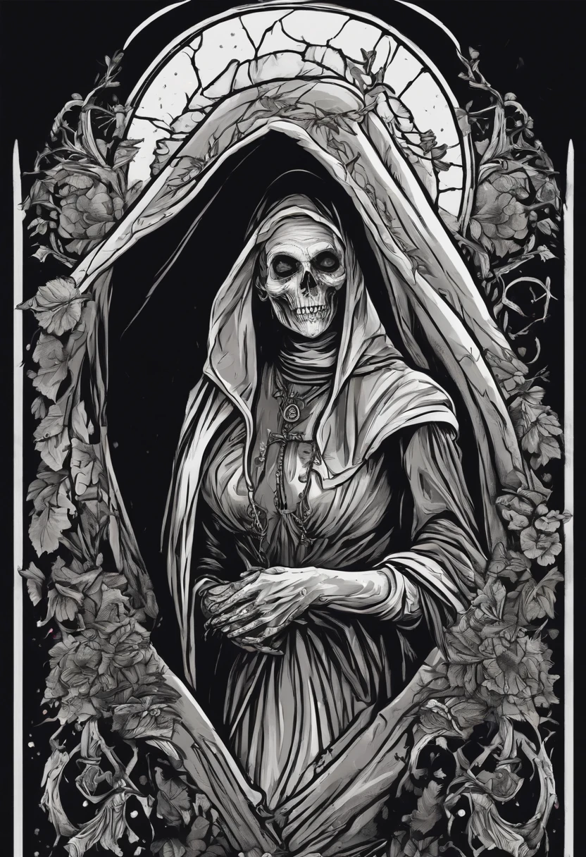 /imagine prompt: zombie nun illustration for a sticker with a black background, in bold outline style, jagged edges, trashcore, light shading --v 5.2