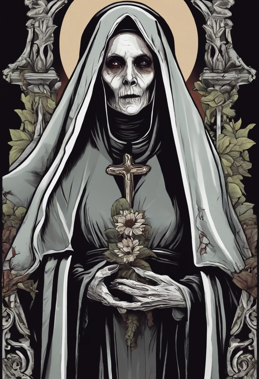 /imagine prompt: zombie nun illustration for a sticker with a black background, in bold outline style, jagged edges, trashcore, light shading --v 5.2