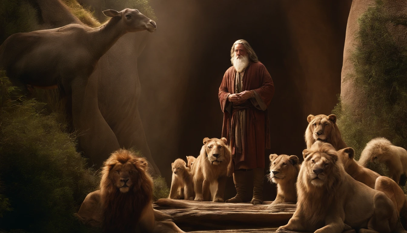 close-up of Noah by the ark, Cielo oscuro y muchos animales alrededor del arca, ultrarrealista |