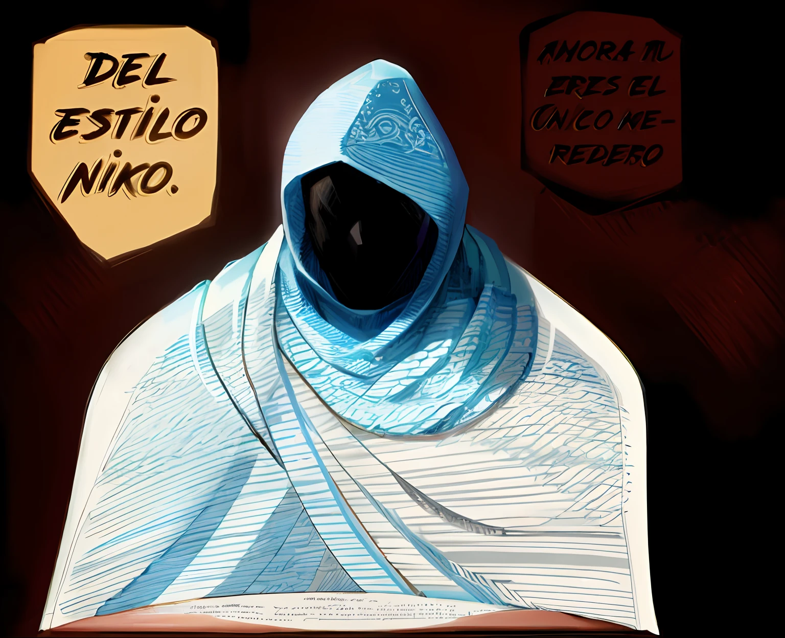 Un dibujo de una persona con capucha y capucha, sin cara, misterioso