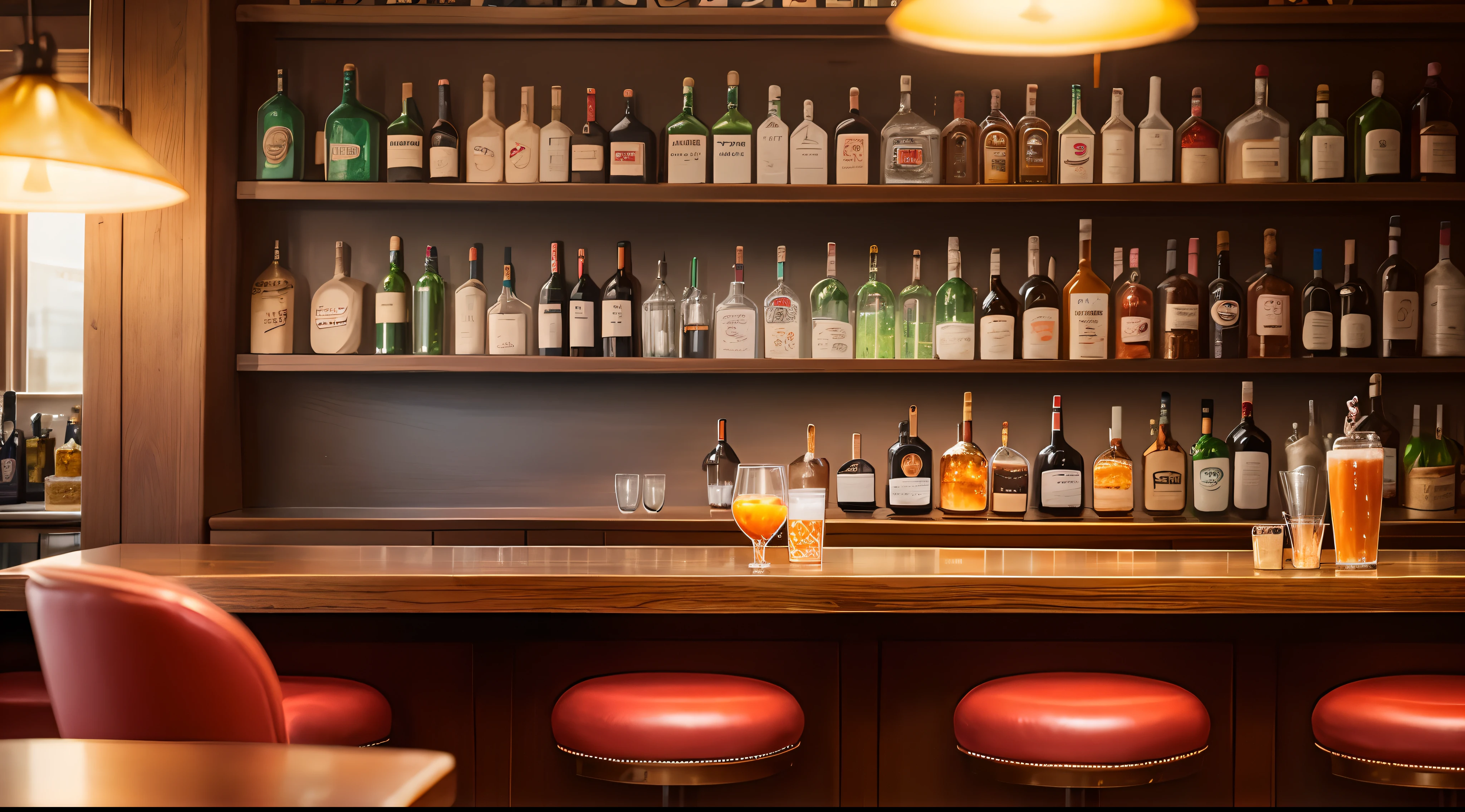 Bottles of alcohol are lined up on the shelves behind the bar - SeaArt AI