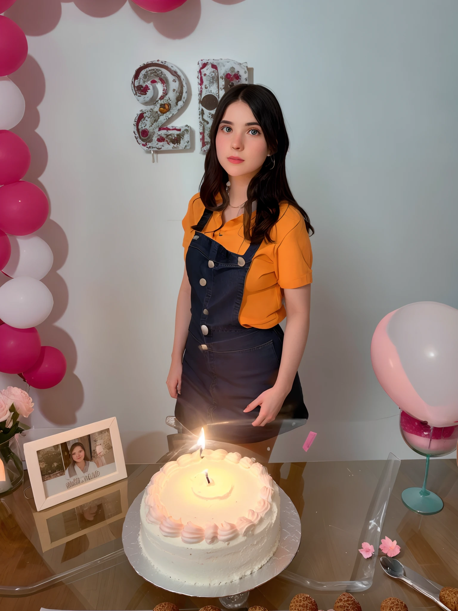 There's a woman standing in front of a cake with a lit candle, she is 2 3, 2 2 anos, 21 anos, 2 3 anos, 25 anos, 2 5 anos, ela tem cerca de 2 a 5 anos de idade, 2 4 anos, 2 7 anos, ela tem cerca de 2 0 anos