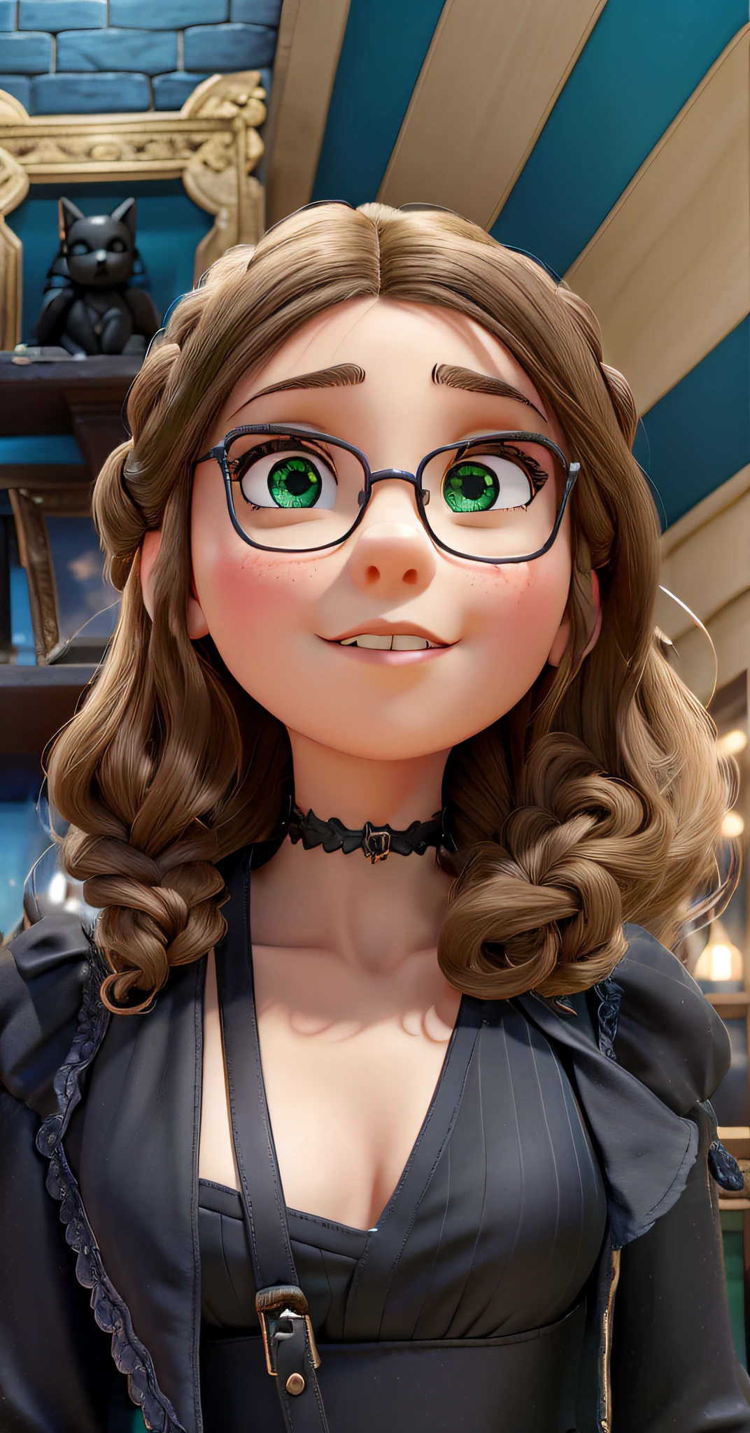 high quality, extremely detailed, lots of image quality, display high quality, beautiful young girl, young girl 16 years, girl 16 years, full body image, full body girl, goth girl, girl with short hair, short hair up to neck, curly hair, black hair, hair with braid on the right side of the head, braid on the right side of the head, light green eyes, green eyes, girl wearing black gothic dress, black gothic dress, black gothic dress with dark blue details, blue sleeve details, blue stripes on the bottom of the dress, blue details on the sleeves of the black dress, black knee-length gothic dress, black goth dress with short sleeves and puffs, black dress with dark blue details, Gothic girl in black dress, gothic lolita, gothic lolita, gothic Victorian style dress, Victorian era dress in gothic style, modern victorian dress, modern gothic dress, gothic girl in modern gothic victorian dress, girl posing standing inside antique shop, interior of antique shop, girl posing smiling for photo, shop with antique items, antique vases, antique books, ancient statues, small ancient statues, antique weapons in antique shop, beautiful anime girl, small breasts, beautiful breasts, striking breasts, small breasted gothic girl