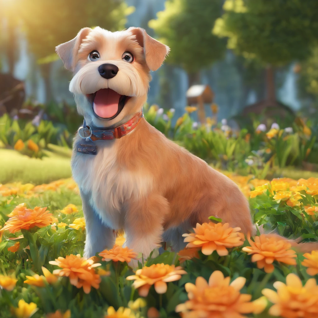 (best quality, highres, realistic:1.37), Lucas,a smiling 5-year-old boy,parafuso,his faithful schnauzer,detailed eyes,detailed lips,extremely detailed face,long eyelashes,happy expression,pointing to the stars,beautiful garden background,soft sunlight,playful atmosphere,colorful flowers,green grass,serene sky,medium:oil painting,ultra-detailed illustration,warm color palette,vivid colors,stunning composition