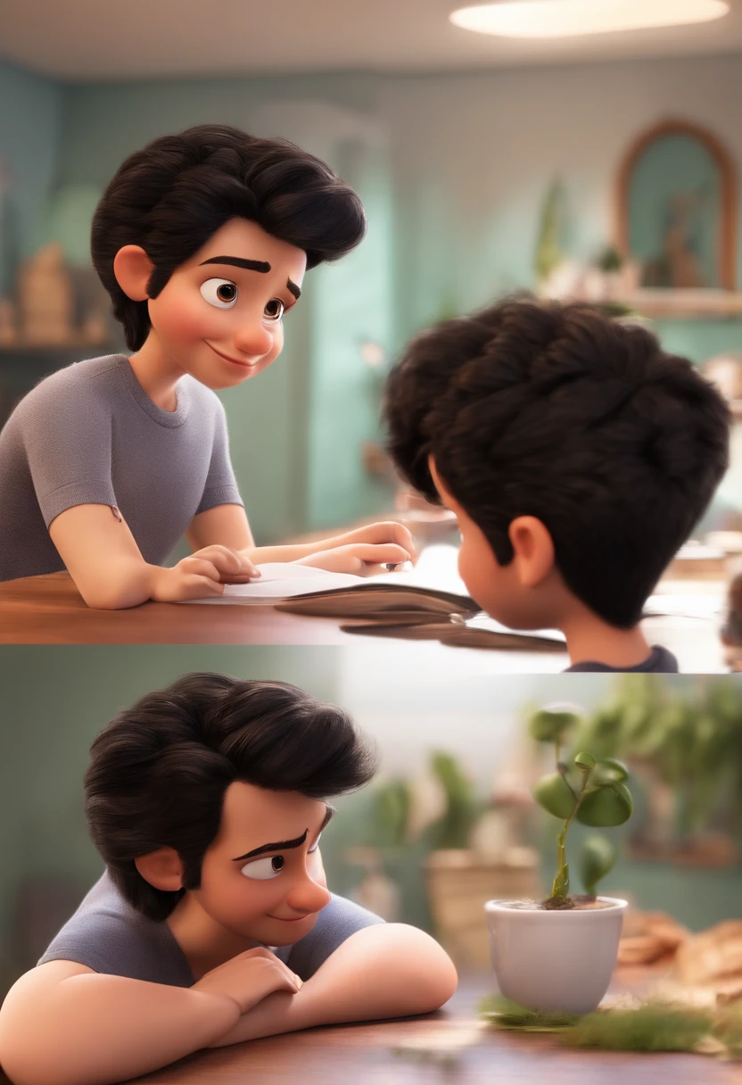 description: Make a young man
Features: Ele tem 23 anos, Sobrancelhas Grossas , Growing beard and short black hair half spiky
Scenario: Tipo de desenho animado da Disney
Compartilhar: He is wearing a black shirt with the text on it "RAYLTO CDS" .
qualidade: Pixar, ....3d, Disney
Criando Personagem Disney, Pixar