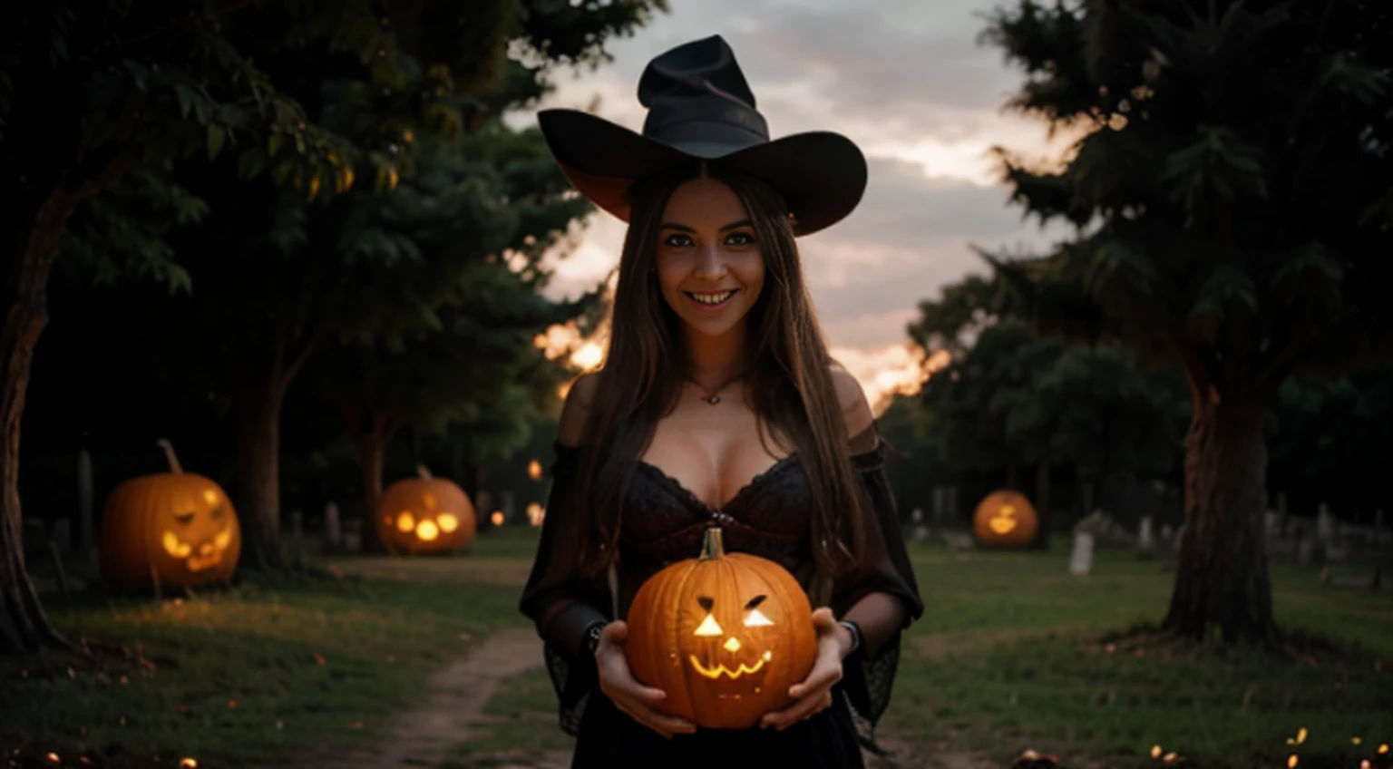 1girl, sozinho. dia das bruxas, bruxa, witch hat, cabelos longos, cabelos pretos,, vestido preto, seios grandes, clivagem, olhos vermelhos, salto alto preto, sorriso, Esqueleto, skull, pumpkin lanterns, Castelo de pedra velho, Owl on tree, lua sorridente, Fantasmas, graveyard, Ceepy, Pumpkin jack-o'-lanterns on spikes, Witch's broom in hand, Standing
