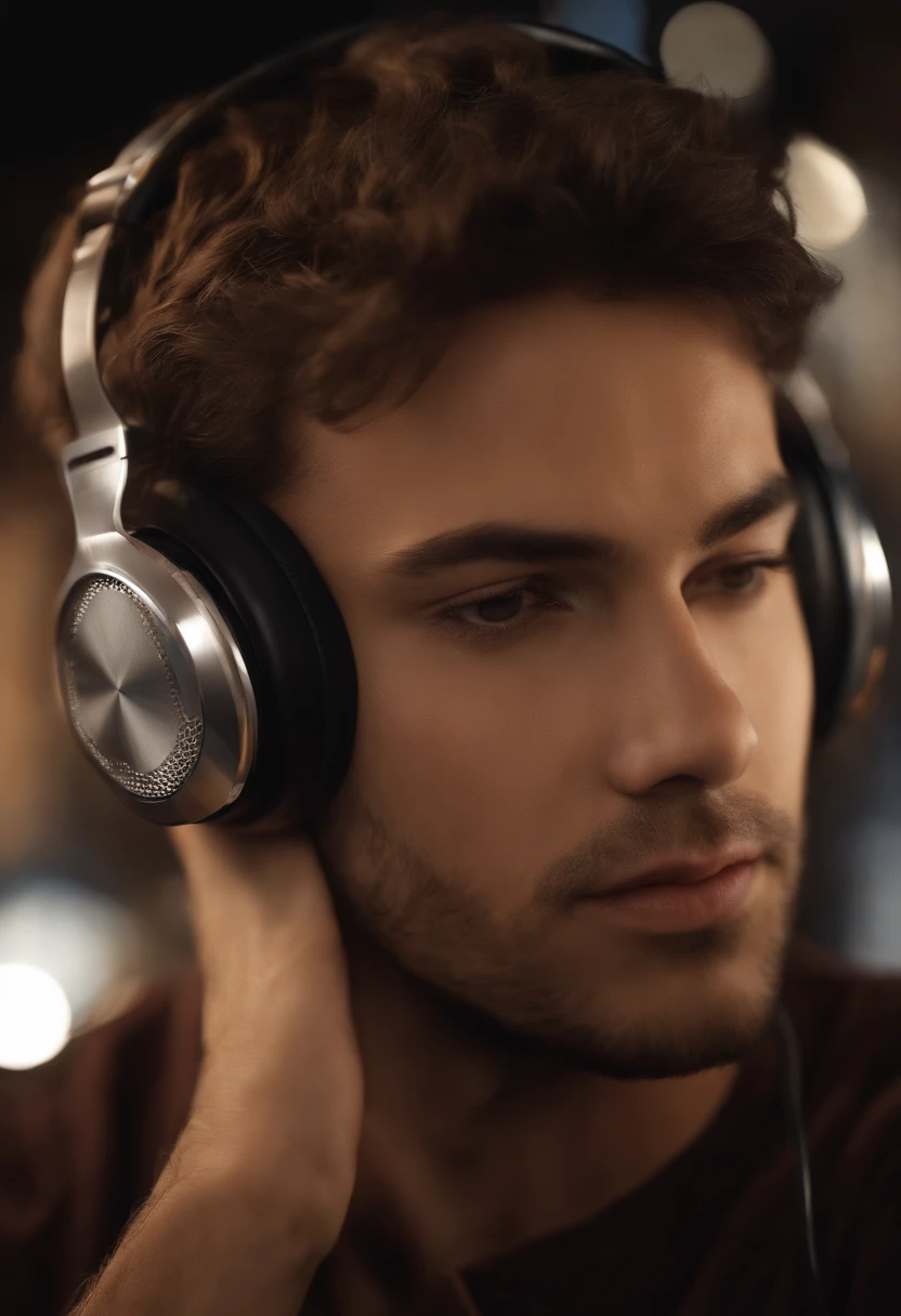 1 menino,de pele morena, cabelos grisalhos, olhos apertados, best quality, ultra-detalhado,  Rekbooth, sozinho, microfone, headphones on head, Realistic, brown hair, camisa, Cabos, camisa branca,  microfone, Suporte para microfone,
