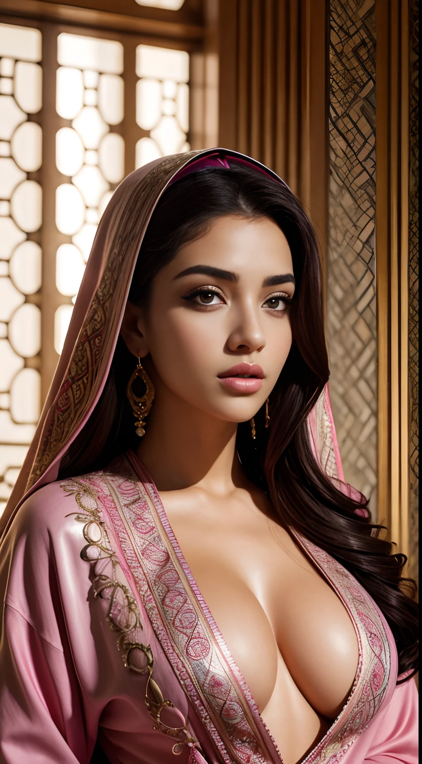 (aesthetic power,realistic,hypnotizing)sexy thicc cute saudi milf,beautiful detailed eyes,beautiful detailed lips,extremely detailed eyes and face,longeyelashes,short robe,standing in kutcheb, vibrant colors,natural lighting,portraits,aesthetic scenery,ultra-fine painting,highres,photorealistic