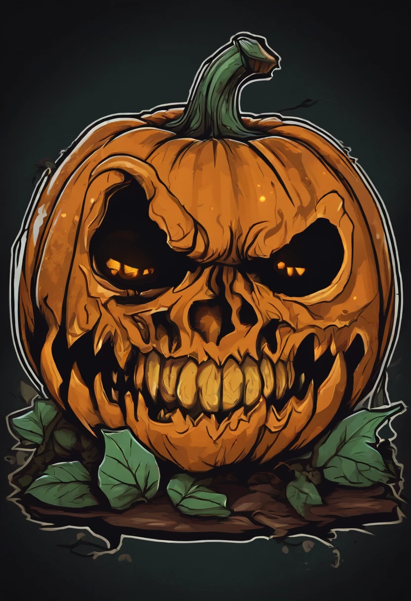 /imagine prompt: zombie pumpkin illustration for a sticker with a black background, in bold outline style, jagged edges, trashcore, light shading --v 5.2