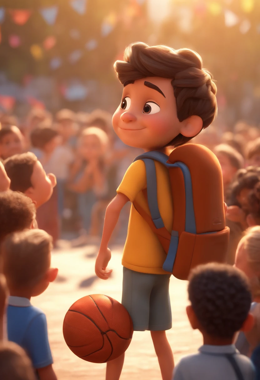 Cartoon boy with backpack and basketball in front of a crowd, 3D animated film, animation film, pixar 3 d animation style, pixar renderman rendering, Maia 8 mil, animated film, Disney Pixar Estilo 3D, brincando com um sorriso no rosto e correndo em uma quadra, In another photo, the same boy hugs a teacher