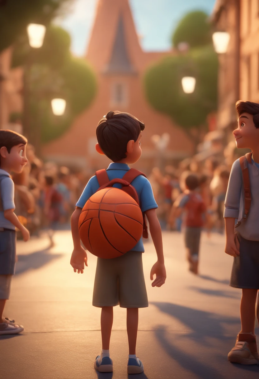 Cartoon boy with backpack and basketball in front of a crowd, 3D animated film, animation film, pixar 3 d animation style, pixar renderman rendering, Maia 8 mil, animated film, Disney Pixar Estilo 3D, brincando com um sorriso no rosto e correndo em uma quadra, In another photo, the same boy hugs a teacher