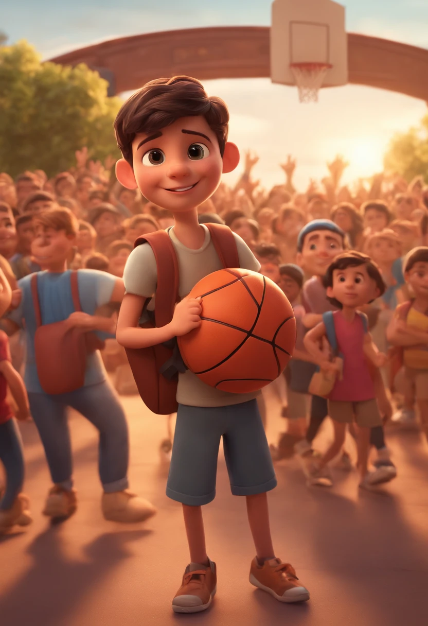 Cartoon boy with backpack and basketball in front of a crowd, 3D animated film, animation film, pixar 3 d animation style, pixar renderman rendering, Maia 8 mil, animated film, Disney Pixar Estilo 3D, brincando com um sorriso no rosto e correndo em uma quadra, In another photo, the same boy hugs a teacher