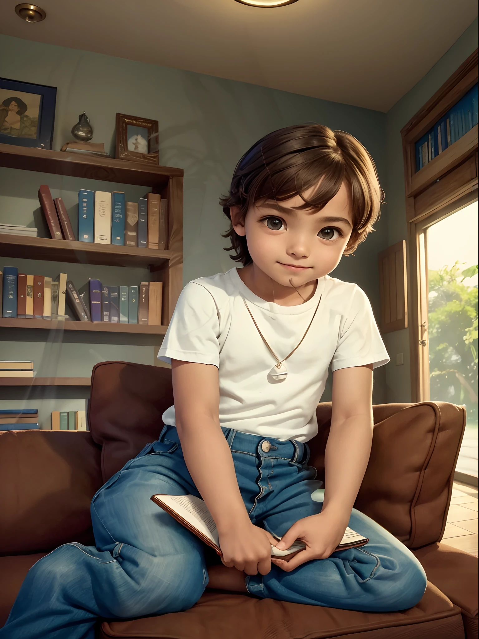 (Altas,best quality,Realistic) 1 child boy,sitting on the couch,Ler um livro,sala de estar aconchegante,Luz natural suave,cores vibrantes,Comfortable pillows,Estante ao fundo,Marcadores e notas,peaceful atmosphere,momento relaxante,concentrating,curious expression,Imagining adventurous stories,apreciando a magia da leitura,sorriso suave,Clothes neatly stacked on the couch,Carinho pelos livros,Sonhando,encantado com as palavras,recados esquecidos,world of imagination.