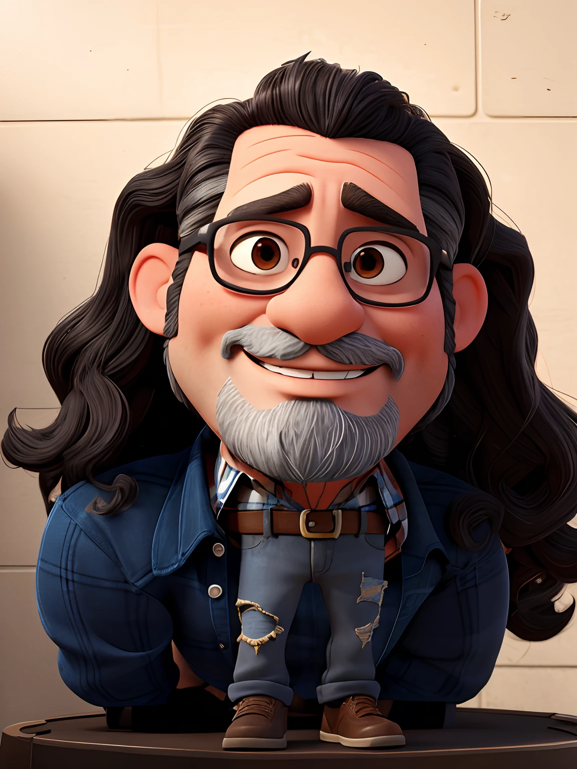 create a 3D Disney Pixar style character of a 40 year old man. Imagine him with big, curly long hair, a mix of black and gray, and a pair of glasses perched on his nose. His look with a thin, gray beard and dark skin tone. Standing 1.73 meters tall and weighing 90 kilos, this character has a Latin look, 90s grunge style, ripped pants and a blue and black checkered blouse.