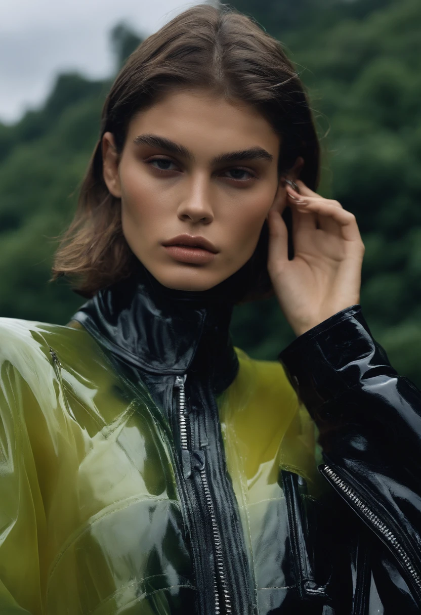 Asian top model Kaia Gerber in the rain of Tim Walker shoots biker for balenciaga in see-through outfit , Casal de rua, nu , corpo  , Fumar cigarros com uma arma ,  nus