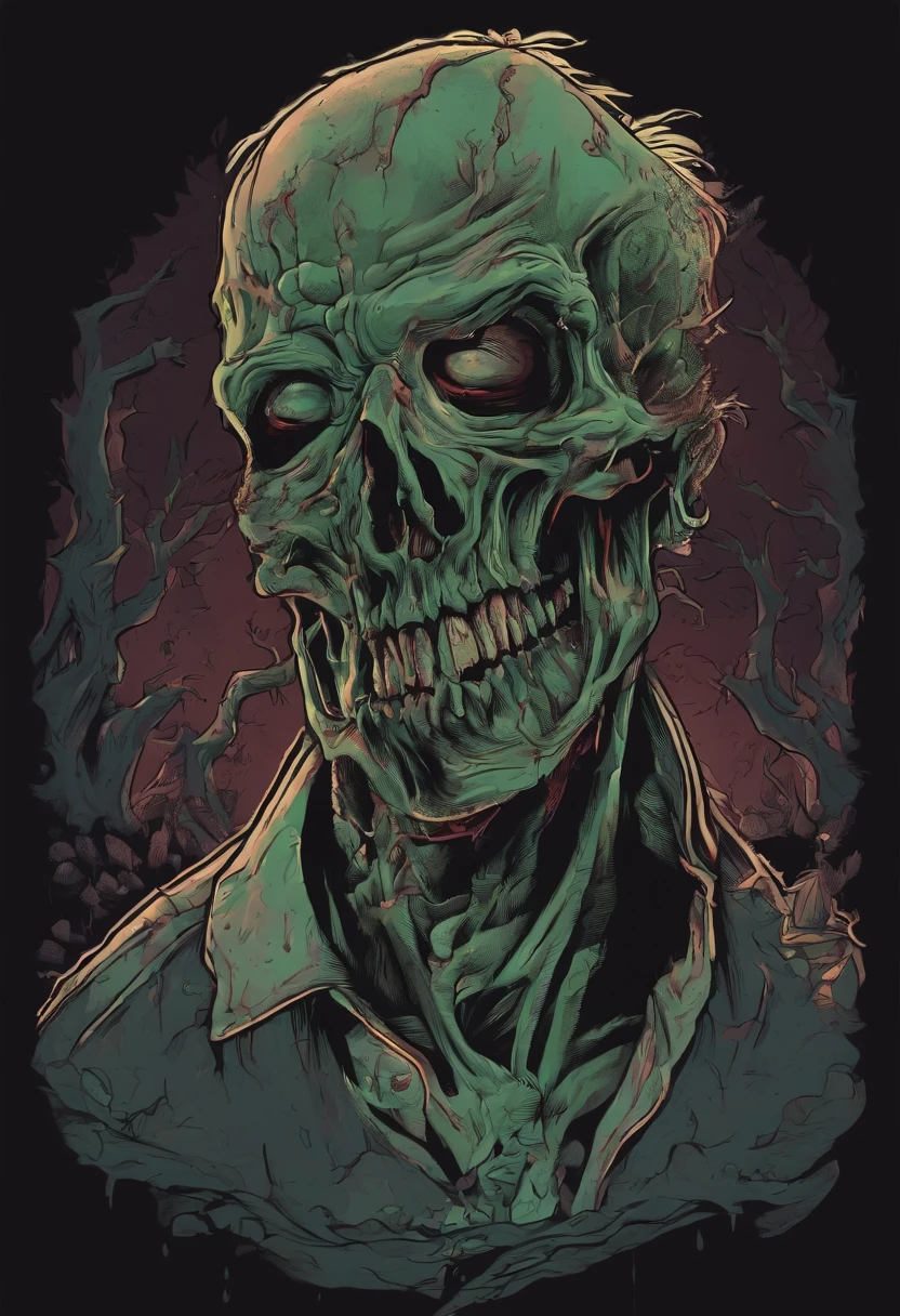 /imagine prompt: zombie illustration for a sticker with a black background, in bold outline style, jagged edges, trashcore, light shading --v 5.2