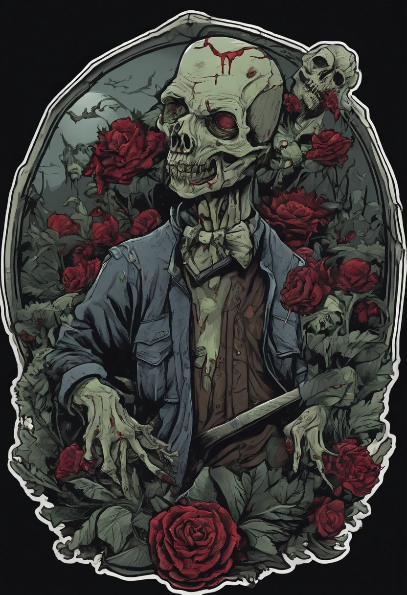 /imagine prompt: zombie illustration for a sticker with a black background, in bold outline style, jagged edges, trashcore, light shading --v 5.2