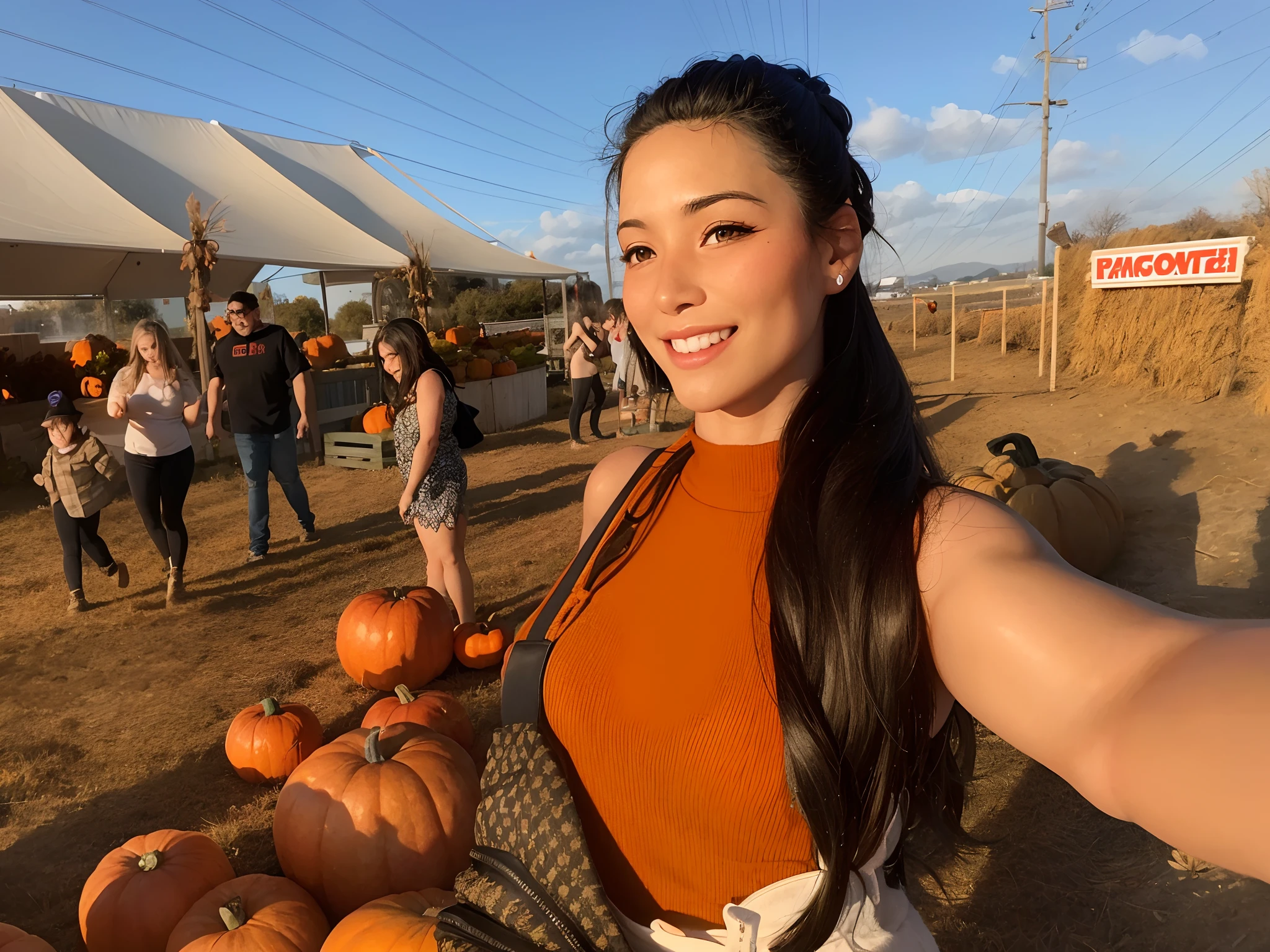 there is a woman taking a selfie with pumpkins in a field, pumpkin patch, alanis guillen, 30 years old woman, 3 0 years old woman, profile image, # oc, #oc, 🍂 cute, having a great time, profile pic, she is a gourd, inspired by Gina Pellón