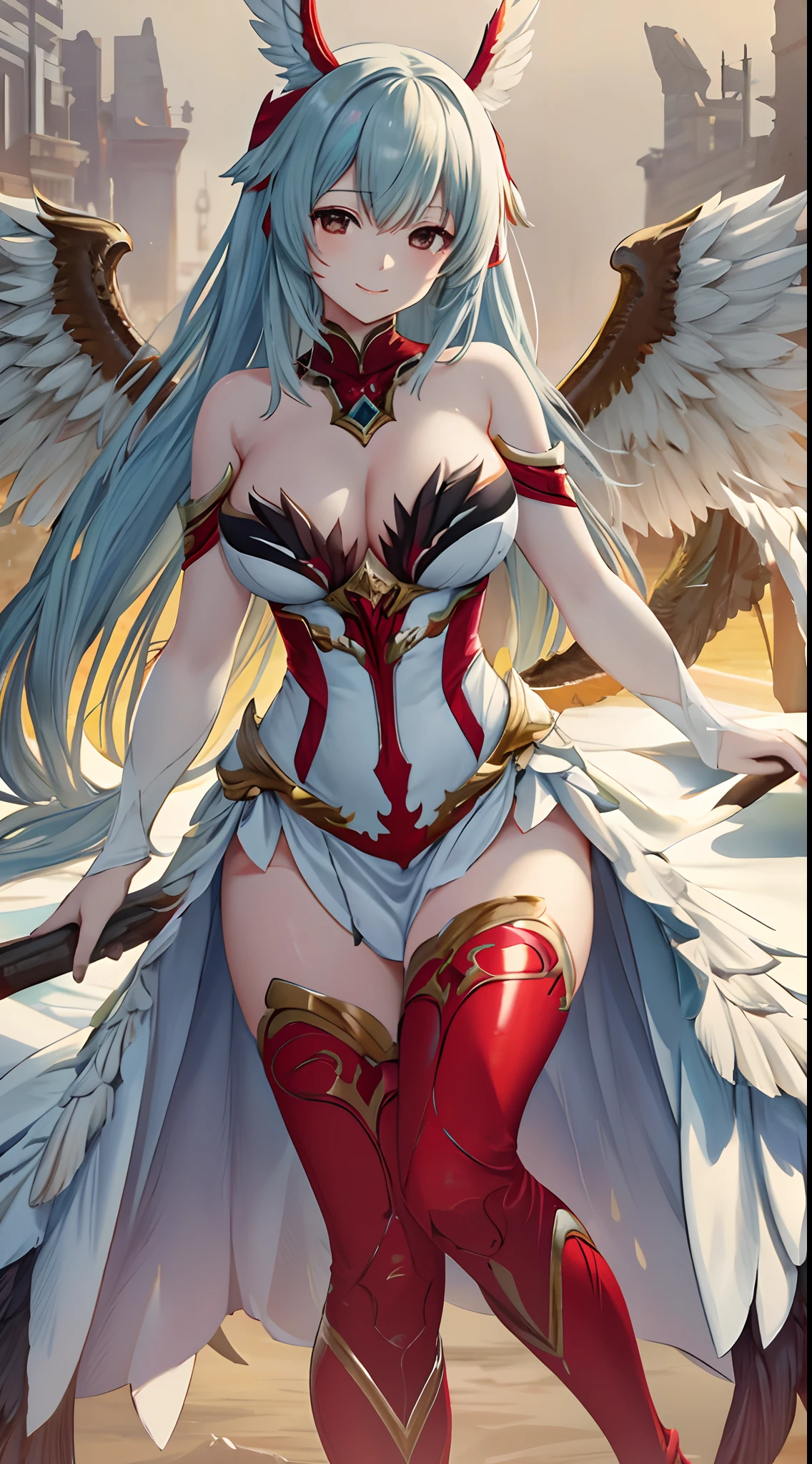 ((masutepiece, Best Quality)),Photography, Detailed skin, Realistic, Photorealsitic, 8K, Highly detailed, full length frame, High Detail RAW Color Art, diffused soft lighting, Shallow depth of field,
Red Edge Garuda_Dress, Crimson Bird_Woman with spread wings ,Black eyes、adorable smiling、Light blue long hair、Twin-tailed、Wearing a yellow and white Edge Garuda_Dress