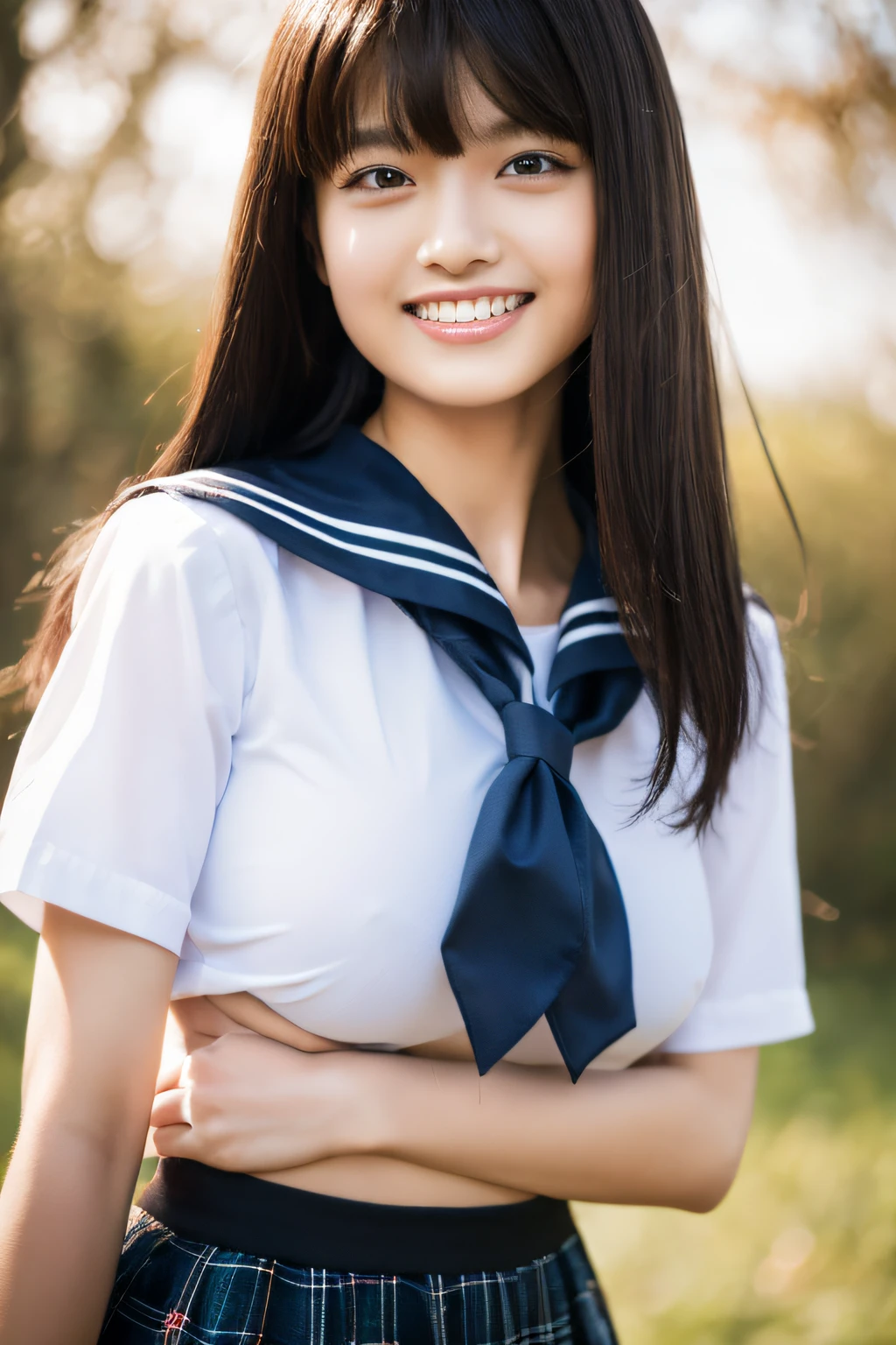 8K raw photo, Best quality, masterpiece, ultra high res, 3d, realistic, 1girl, asian, black_hair, bangs, black_sailor_collar, long_hair, nose, school_uniform, neckerchief, natural skin texture, light brown_eye, detailed eyes and face, lips, lipstick, smile, teeth, beautiful legs, enormous breasts, beautiful nature location, (detailed background), plaid skirt, white shirt, enormous breast, blurry background, short sleeves