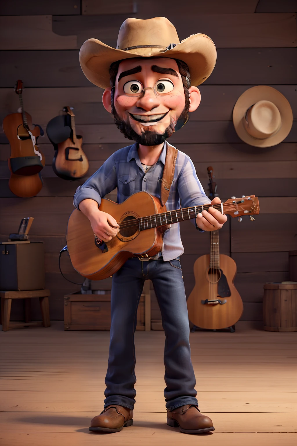Obra-prima, de melhor qualidade, uma banda de country music, com quatro componentes: baterista, Cowboy hat and beard. guitarrista, de camisa xadrez, Cowboy hat and beard, Bassist who plays acoustic bass, Wears sunglasses, vocalista que toca gaita, wears goatee and black cowboy hat. All components wear jeans and cowboy buckles. All the components are slightly chubby and the vocalist is taller than the other members.
