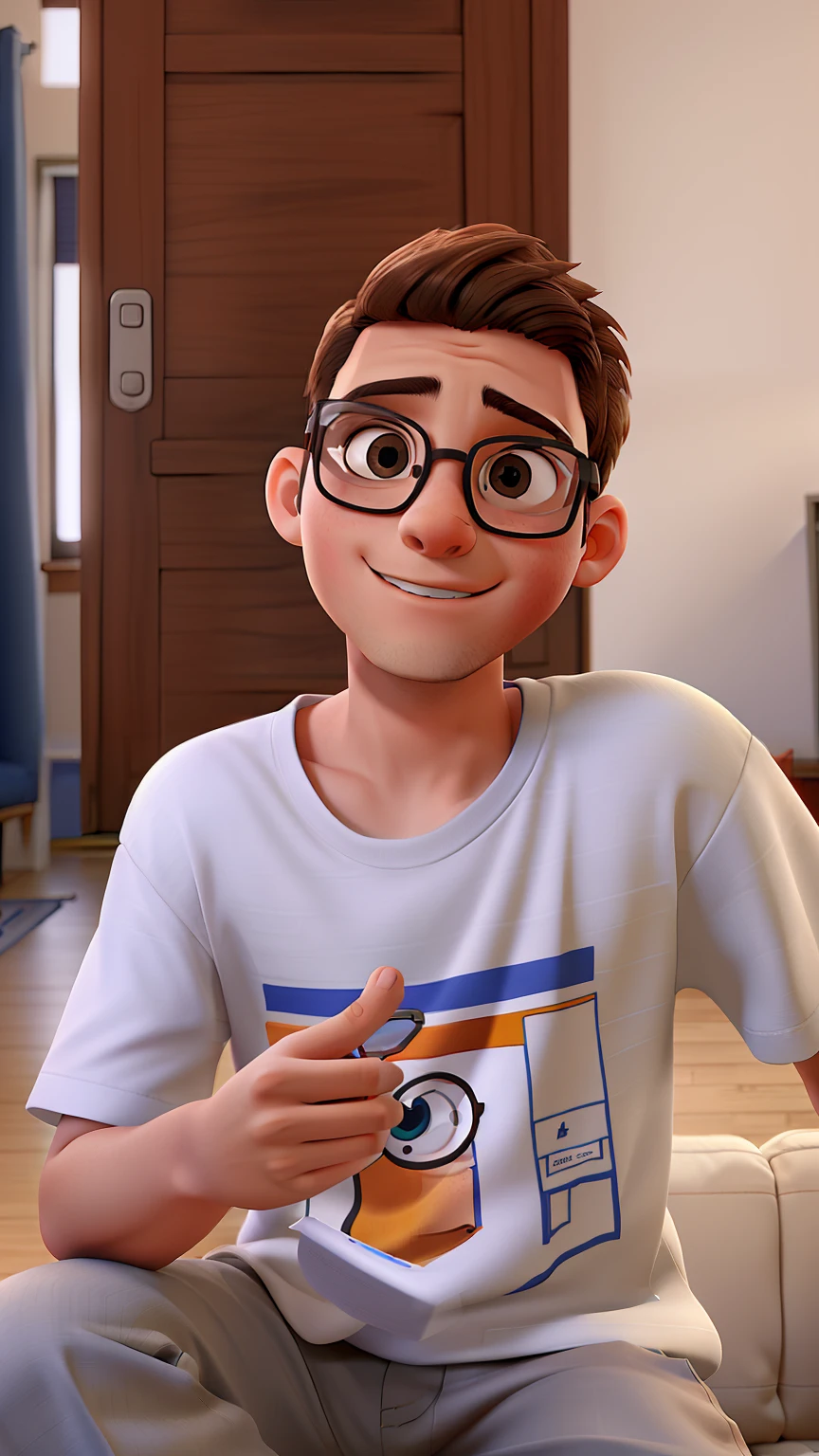 An 11-year-old nerdy boy wearing glasses, olhos castanhos, cabelo curto e camiseta branca com estampa de videogame, Sitting on the sofa in the living room against the backdrop of a door.