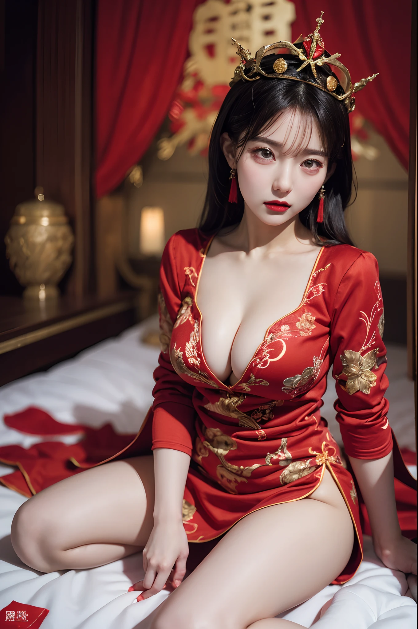 (Ultra-realistic 8K CG:1.2),Perfect artwork,delicate patterns,Complicated details,Heavy makeup,(Unbeatable masterpiece,Best quality at best:1.2),(extremly intricate:1.2),A beautiful cyberpunk woman,Woman in red and gold dress,(Expose legs1:1.2),Phoenix crown,hair stick,(sitting on red bed),cosmetics,Be red in the face,is shy,black_Hair,looking-down,cosmetics,(forehead dot),(2 red candles),Chinese_clothes,窗帘,耳Nipple Ring,Hair_decorations,Hanfu,inside in room, jewely,rednails,Long_Sleeves,reddress,Redlip,nipple tassels,(Red quilt),(red palace:1.2),(Chinese Ancient Architecture),(rot:1.8),natta