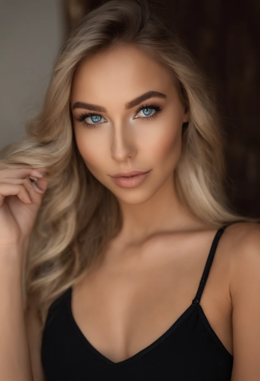 Woman with matching tank top and panties, Sexy girl with blue eyes, portrait sophie mudd, portrait corinna kopf, blonde hair and large eyes, Selfie einer jungen Frau, Augen im club Violet Myers, ohne Make-up, Natural makeup, Blick direkt in die Kamera, Gesicht mit Artgram, dezentes Make-up, Stunning full body shot, im Schlafzimmer, Spaltung