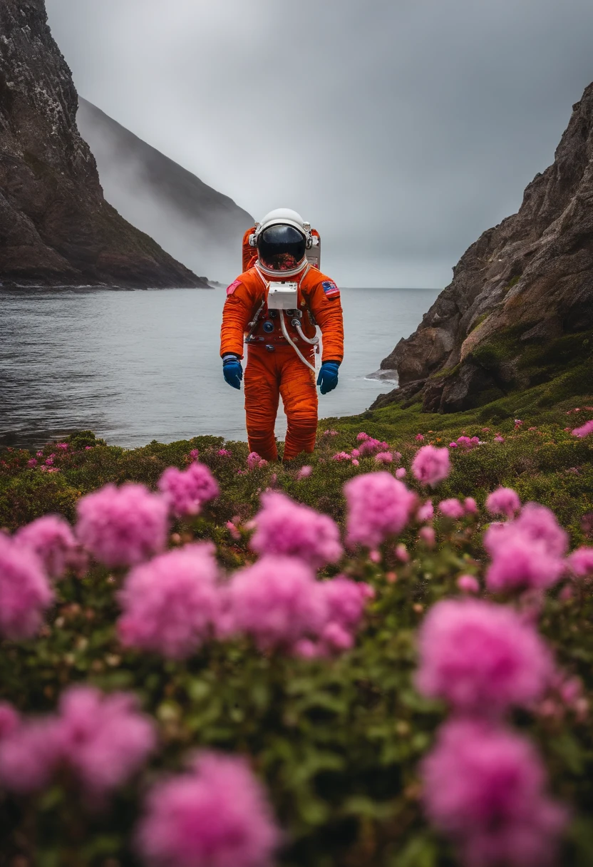 o astronauta caminha no mar de flores pontilhadas de nuvens cor-de-rosa，The astronaut who is alone，The astronaut cannot leave this planet，The astronaut is lost in space without limits.