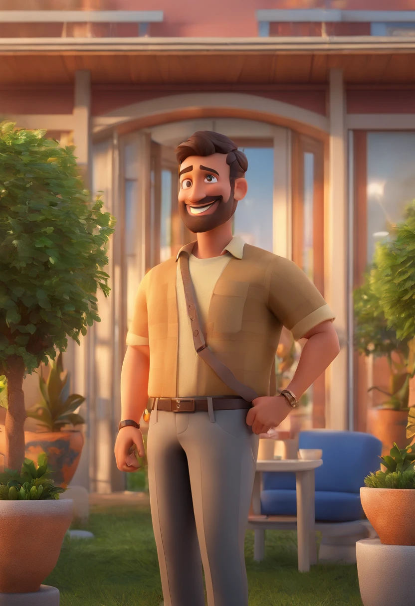 Disney Pixar Pixa 3D Animation Poster Image shows a 45-year-old brunette man with a short sawn beard, Short hair with entrances standing on the sidewalk in front of a building, possivelmente um hotel ou resort. He's wearing a blue shirt and a lanyard, which suggests that he may be attending an event or conference. The man is smiling and posing for the camera, giving the impression of a friendly and approachable environment. Ao fundo, Various potted plants, Adding a touch of green to the scenery. Ademais, There are a few chairs scattered around the area, possibly indicating an outdoor seating area or a place for guests to relax.pixa 3D
