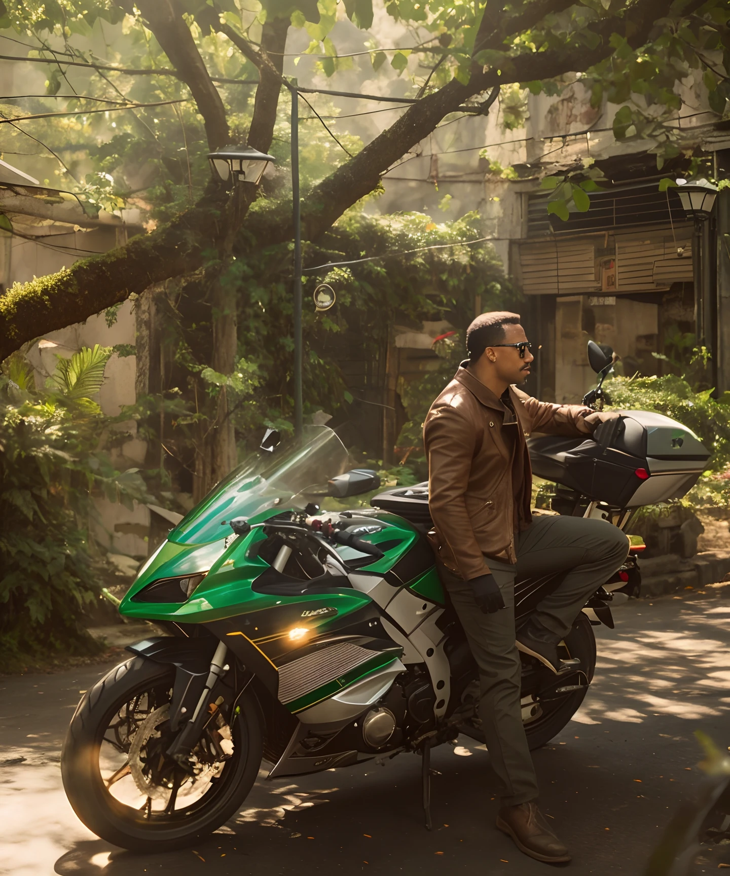 There's a dark-haired black man with no glasses next to a green motorcycle on the street, cinematic full shot, Cinematic Shot!, Foto de quadro completo, Filmado por Cinematic, touring, Cinematic Shot, cinematic medium shot, um ultra realista, cinematic still, [ cinemactic, Estilo Craig Mullins, foto retrato, cena poderosa, Photo Session, realistic cinematic shot, cinematic ligting, Directed by: Emma Andijewska