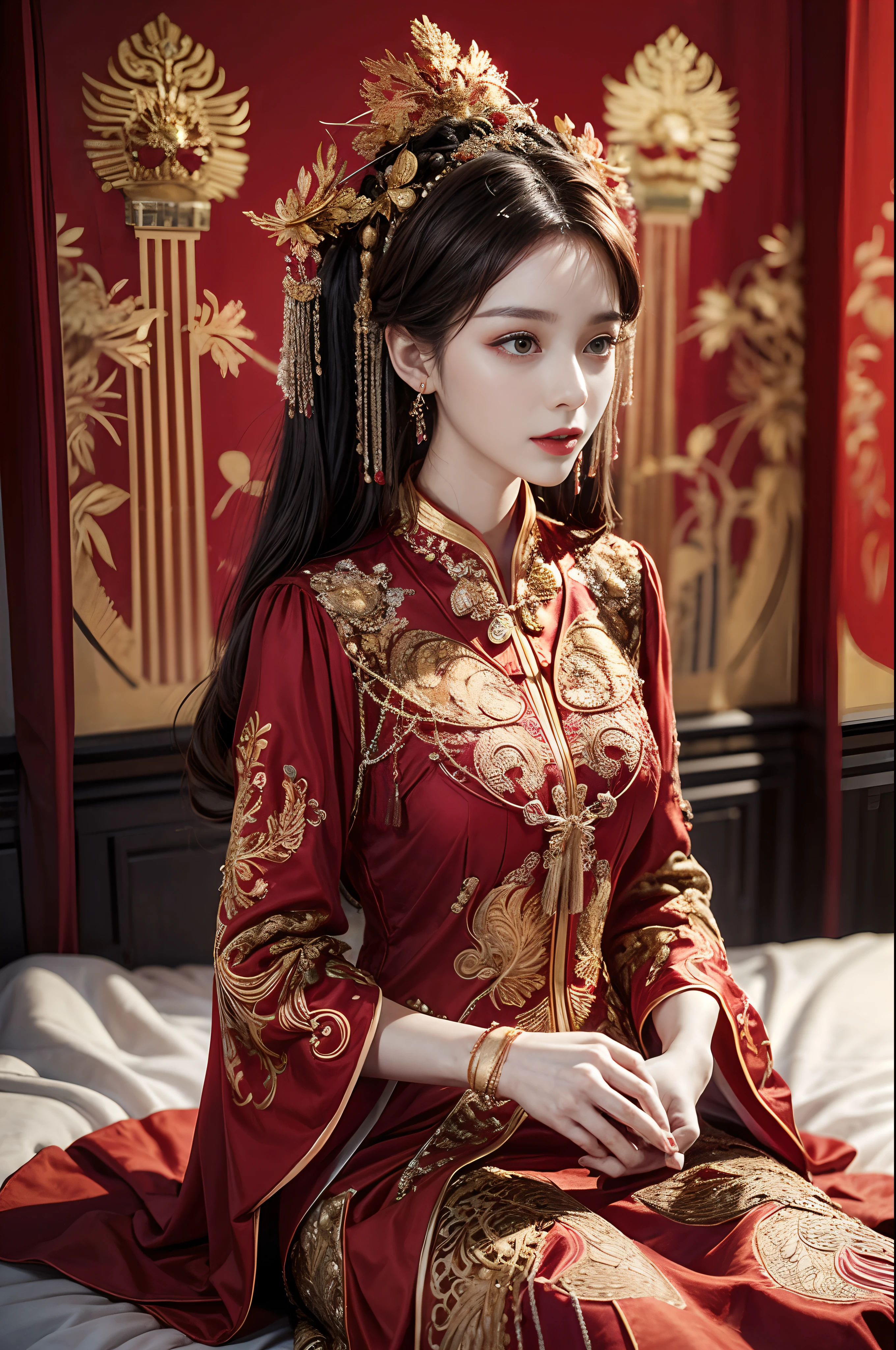 1girl,solo,perfect face,look at viewer,sitting,
wide sleeves ,red dress ,
masterpiece, best quality, highly detailed,