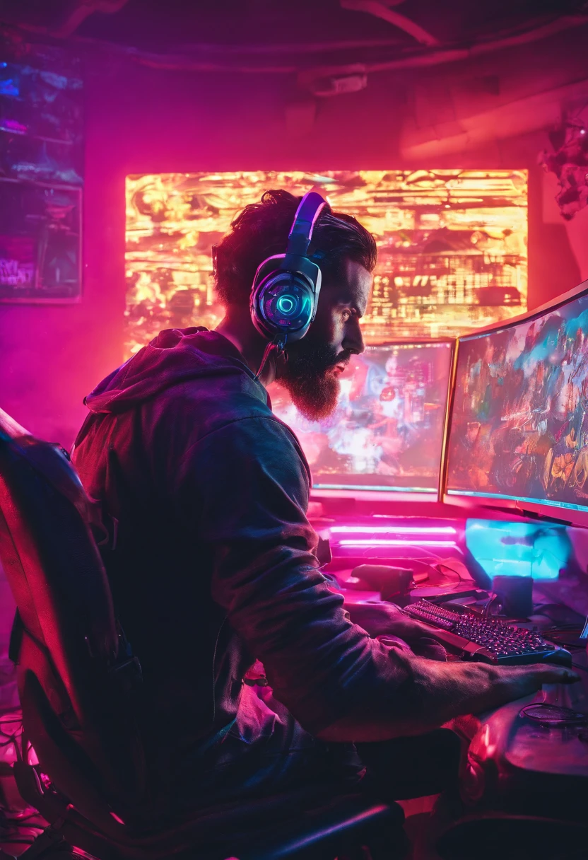 (best quality,4k,8k,highres,masterpiece:1.2),ultra-detailed,(realistic,photorealistic,photo-realistic:1.37),medium:video game

A 40-year-old male gamer wearing black shirt, headphones and a beard, seating in his gamer setup with a horror game-inspired background. The gamer has intense focus on his face as he enjoys the thrilling gaming experience. The detailed facial features include captivating eyes, expressive eyebrows, and a well-groomed beard. The gamer is also wearing a pair of gaming headphones, emphasizing his immersion in the virtual world. The black shirt adds to the mysterious ambiance of the scene.

The gamer's gaming setup is filled with cutting-edge technology and gaming accessories, showcasing his passion for gaming. The setup includes a high-end gaming PC, a large curved monitor with vivid colors and sharp focus, and a mechanical keyboard. The lighting setup in the gamer's room is meticulously arranged, with studio lighting to create a dramatic and immersive atmosphere.

The background is inspired by horror games, with eerie and dark elements. The room is dimly lit with a combination of cool and eerie colors, creating a sense of suspense and tension. The walls are adorned with artwork and posters of horror games, adding to the immersive gaming experience. The monitor displays a chilling scene from a horror game, with detailed and realistic graphics.

Overall, the artwork captures the essence of a middle-aged gamer's intense gaming experience, combining realistic details, vivid colors, and a horror game-inspired setting to create a masterpiece in the world of gaming.