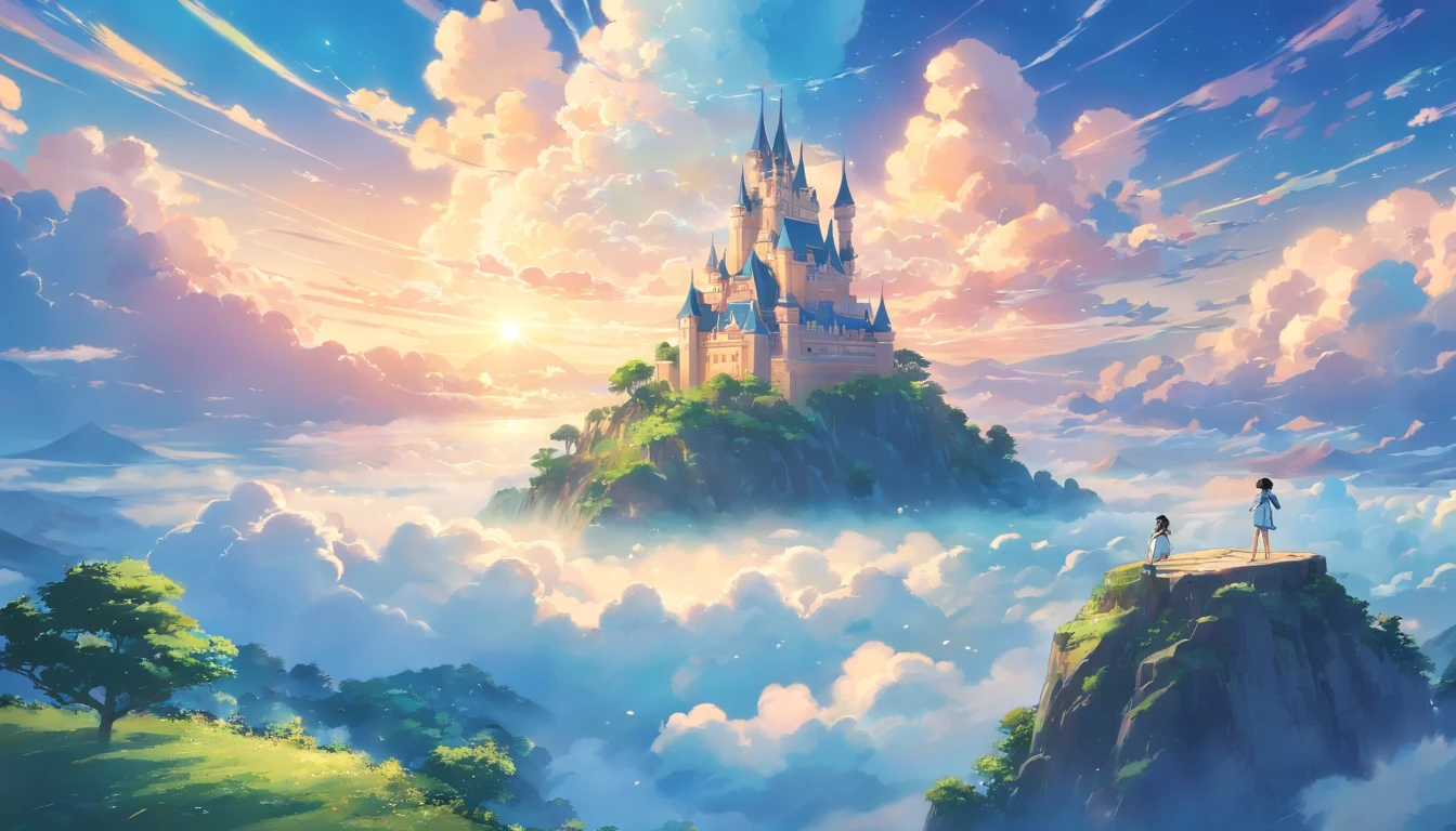 General shot, floating castle in the clouds., (fantasy, mythical creatures, magical scene)