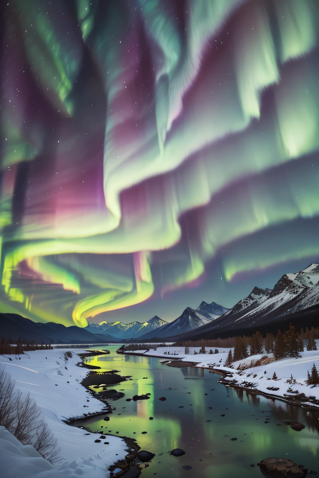 the night，((Aurora in brilliant colors))，mountain ranges，4K Ultra HD, 超高分辨率, (Photorealistic: 1.4), Best quality，Masterpiece，（pastel colour：1.2）