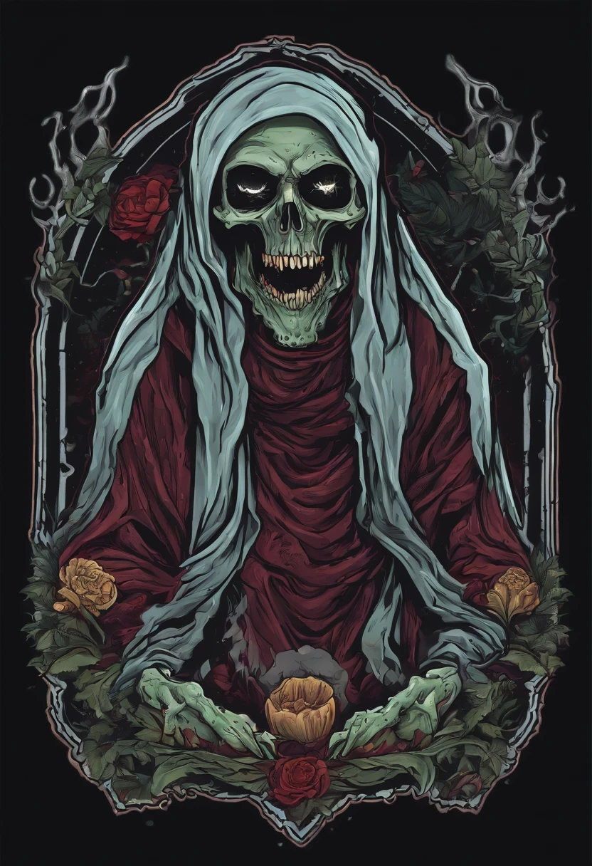 /imagine prompt: zombie ghost illustration for a sticker with a black background, in bold outline style, jagged edges, trashcore, light shading --v 5.2
