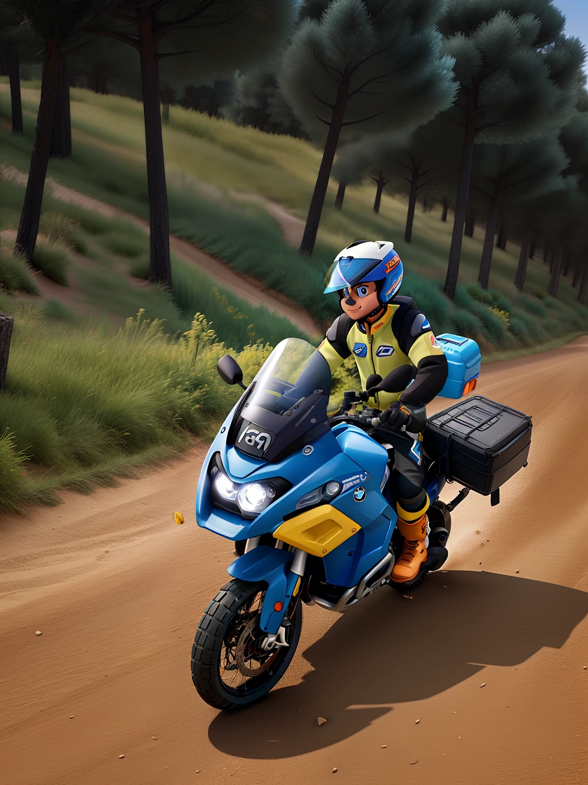 Criar a foto com estilo Disney Pixar com uma moto bmw r1200gs. Motociclista com estilo aventura