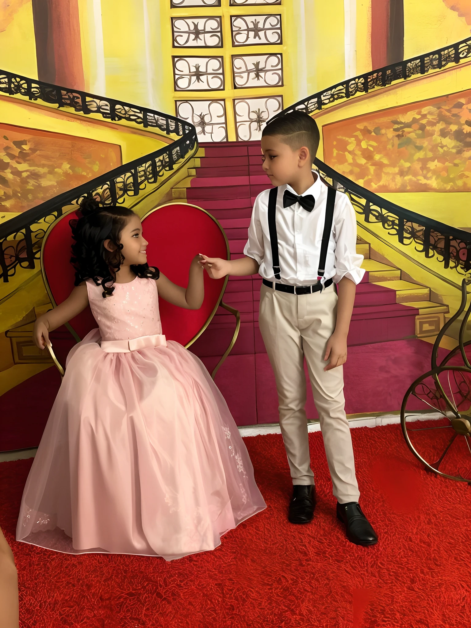 (((ten 12ear boy) (young girl) wearing an (off-the-shoulder Wedding dress)), and a diamond necklace, standing in a dining room  wearing heels, (full body view),