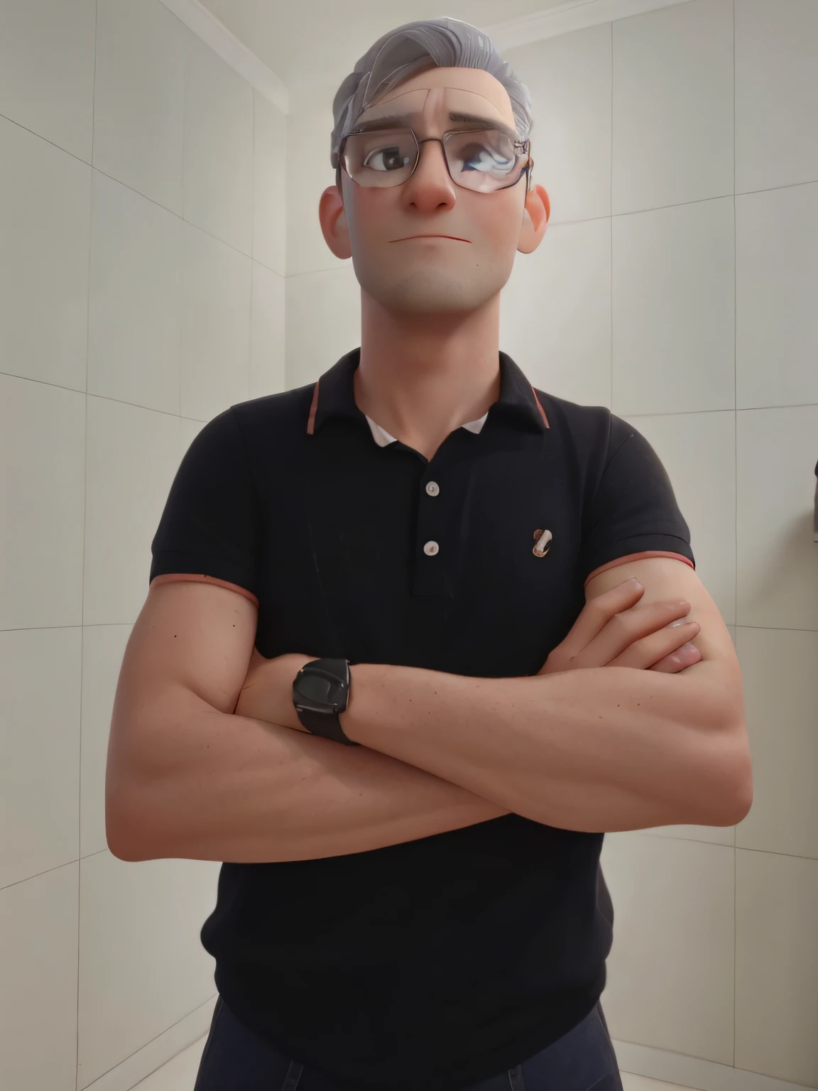 gray hair, wearing glasses, thin and short hair