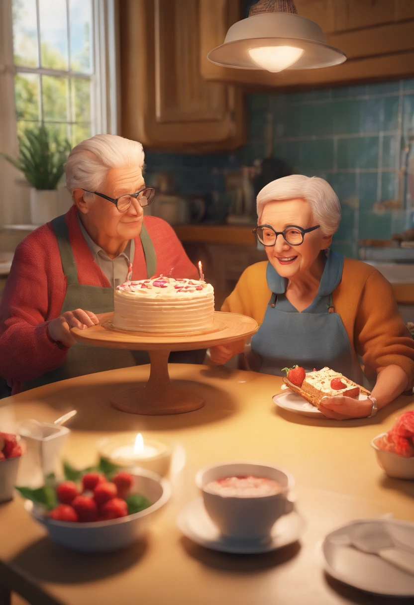 Older couple sitting at table with cake in kitchen with refrigerator in background, momma and papa, 7 0 anos, 70 anos, taken in the early 2020s, Directed by: Bernie D'Andrea, ele tem cerca de 8 0 anos de idade, Casal feliz, Fotografia tirada em 2 0 2 0, Directed by: Edward Avedisian, Directed by: Elizabeth Durack