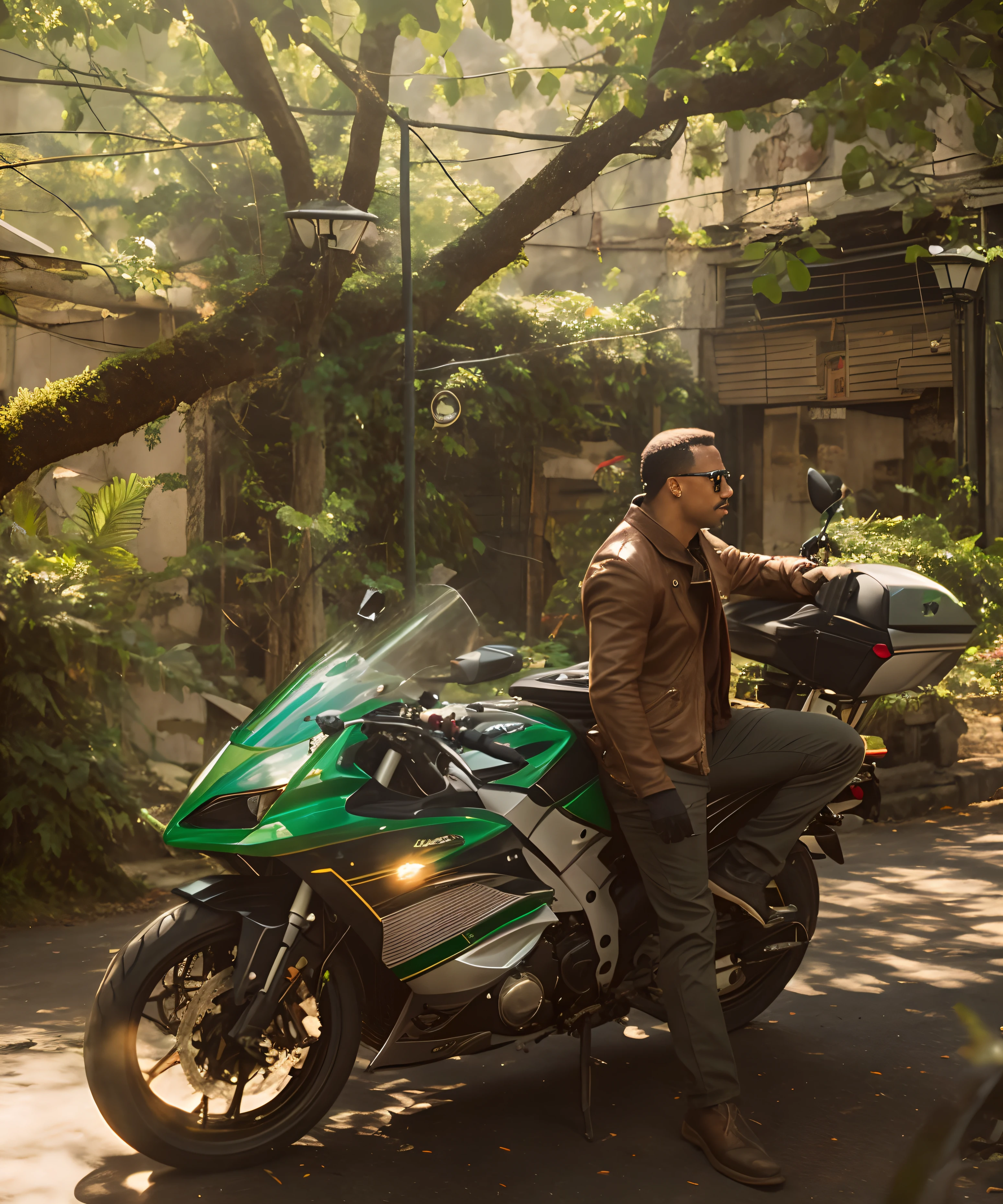 There's a dark-haired black man with no glasses next to a green motorcycle on the street, cinematic full shot, Cinematic Shot!, Foto de quadro completo, Filmado por Cinematic, touring, Cinematic Shot, cinematic medium shot, um ultra realista, cinematic still, [ cinemactic, Estilo Craig Mullins, foto retrato, cena poderosa, Photo Session, realistic cinematic shot, cinematic ligting, Directed by: Emma Andijewska