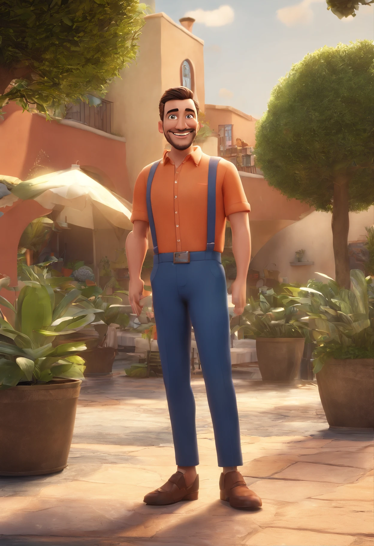 Disney Pixar Pixa 3D Animation Poster Image shows a 45-year-old brunette man with a short sawn beard, Short hair with entrances standing on the sidewalk in front of a building, possivelmente um hotel ou resort. He's wearing a blue shirt and a lanyard, which suggests that he may be attending an event or conference. The man is smiling and posing for the camera, giving the impression of a friendly and approachable environment. Ao fundo, Various potted plants, Adding a touch of green to the scenery. Ademais, There are a few chairs scattered around the area, possibly indicating an outdoor seating area or a place for guests to relax.pixa 3D