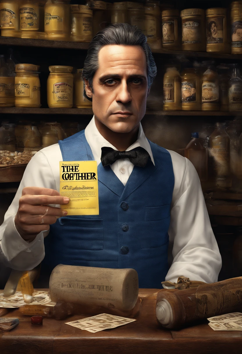 Create a poster in the style of the movie The Godfather - Disney Pixar - the characteristics of the character - a boy, In the pharmacy with a yellow shirt with a blue collar, Holding a Prescription – The name of the movie is the content creation journey