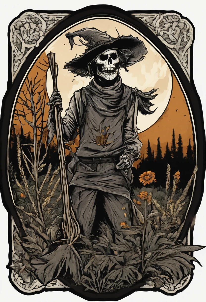 /imagine prompt: scarecrow illustration for a sticker with a black background, in bold outline style, jagged edges, trashcore, light shading --v 5.2