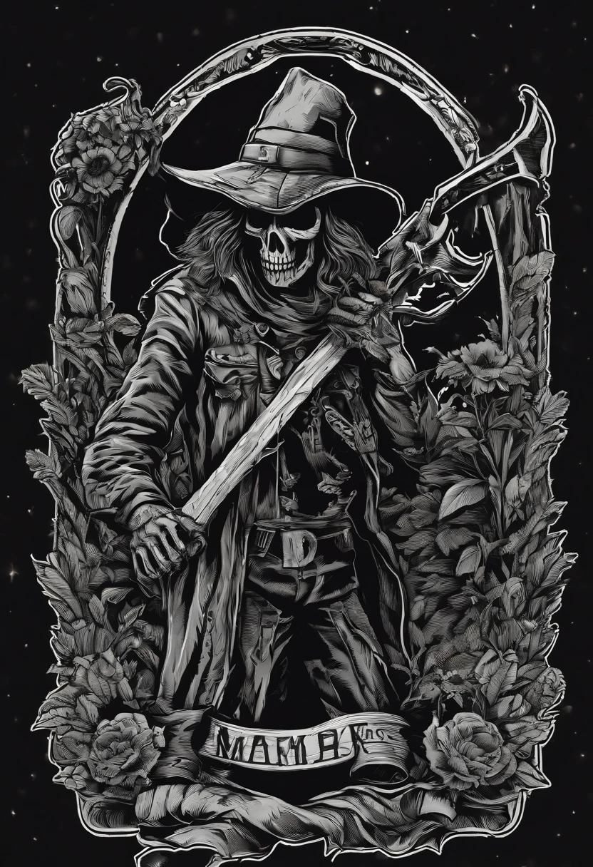 /imagine prompt: scarecrow illustration for a sticker with a black background, in bold outline style, jagged edges, trashcore, light shading --v 5.2