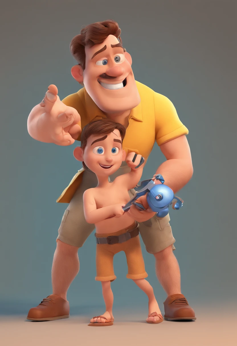 pixar-style: Adult man holding a naked blue-eyed boy，In the other hand, he holds a pair of scissors，Trying to cut off the boy's testicles,3D poster,Disney