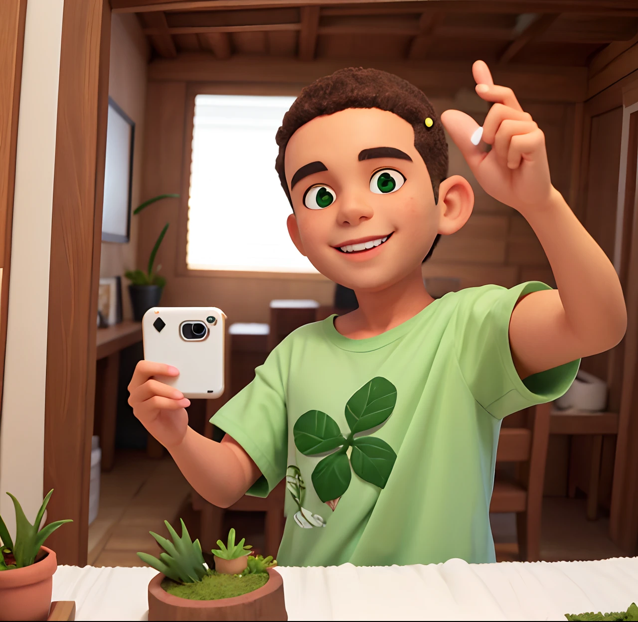 Menino branco de cabelo marrom cacheado, usando uma camisa verde musgo, tirando selfie no quarto com um sorriso no rosto