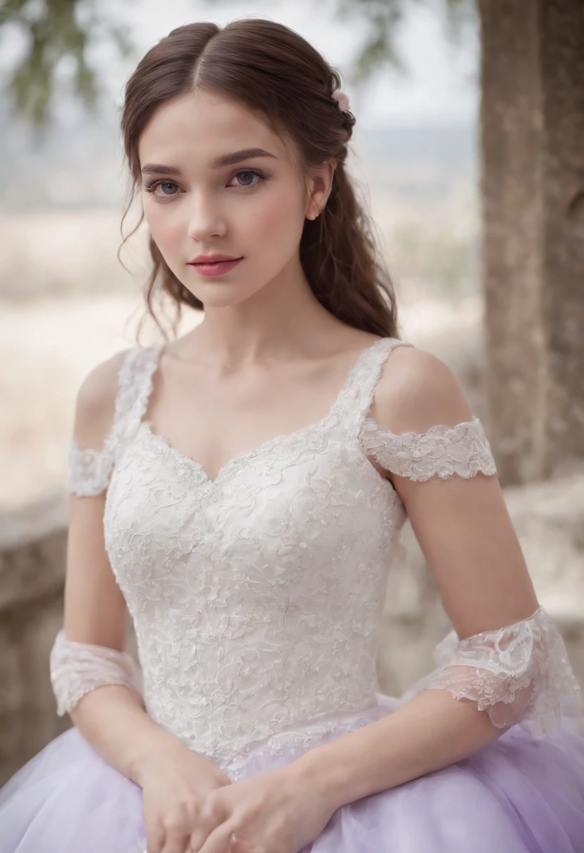 A beautiful young girl stood atop a rocky outcropping, Her hair was swept up in loose curls that tumbled down her back, a subtle hint of makeup accentuated her high cheekbones, full lips, and flawless complexion. As she turned to face the camera, a soft smile played at the corners of her mouth, framing her delicate features and piercing blue eyes overlooking a breathtaking valley below. She wore a flowing wedding dress that billowed gently in the breeze ,the lace was delicately embroidered with tiny flowers and vines, while the hem was adorned with sparkling crystals that caught the light and glimmered like stars. In the foreground, a bed of wildflowers added a pop of color to the scene, with vibrant hues of pink, purple, and yellow. Bees buzzed lazily from blossom to blossom, collecting nectar in the golden light of the setting sun. The sun was setting behind the mountains, casting a warm orange glow across the vast landscape.