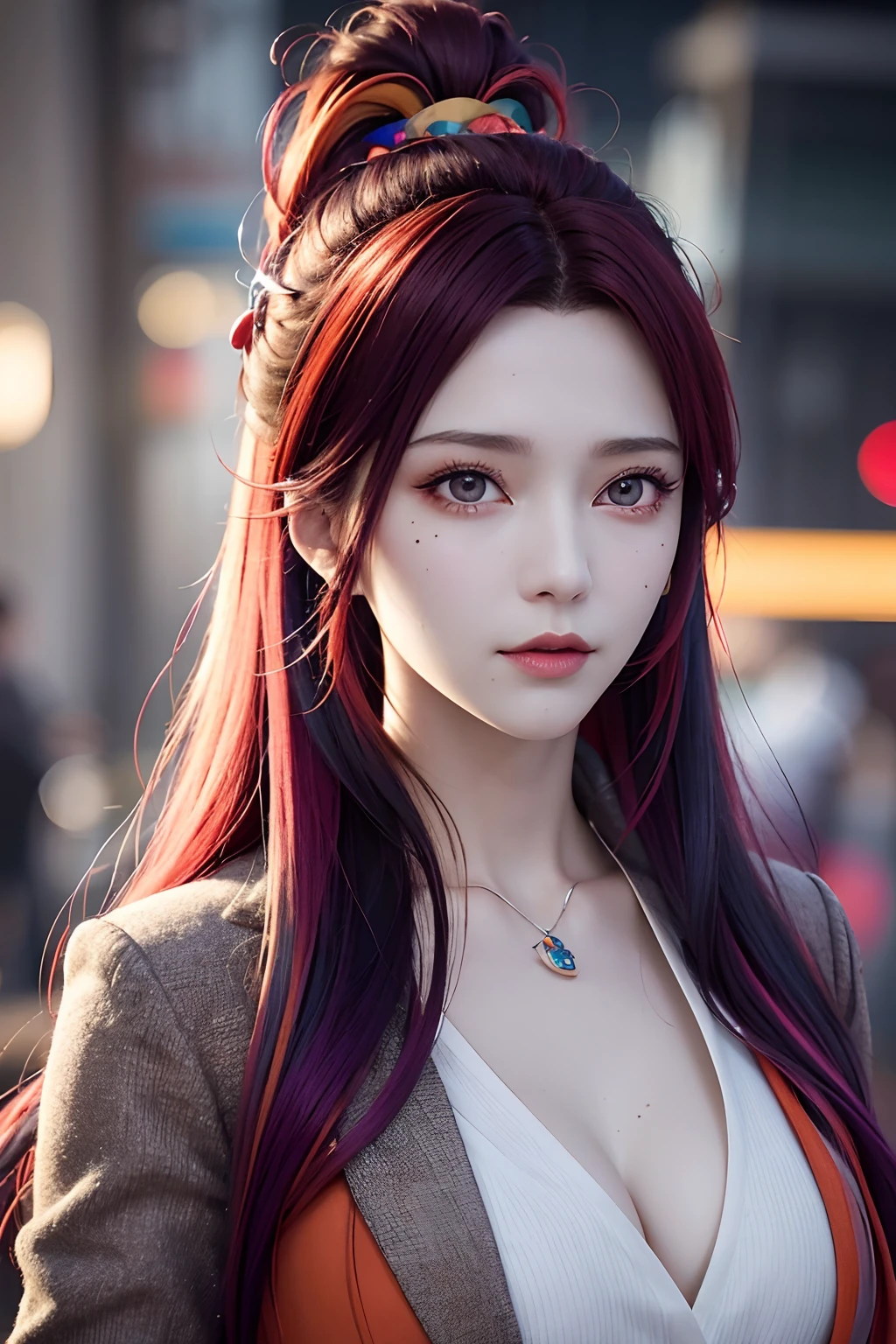 multicolored hair, Gradient hair, carrot hair ornament, mole under the eye, Amber eyes, high detal, Verism, Hyper-realism, Contemporary art, Cinematic lighting, spark of light, Wide shot, f/1.2, Best quality, awardwinning, 8K, Super detail, NffSW