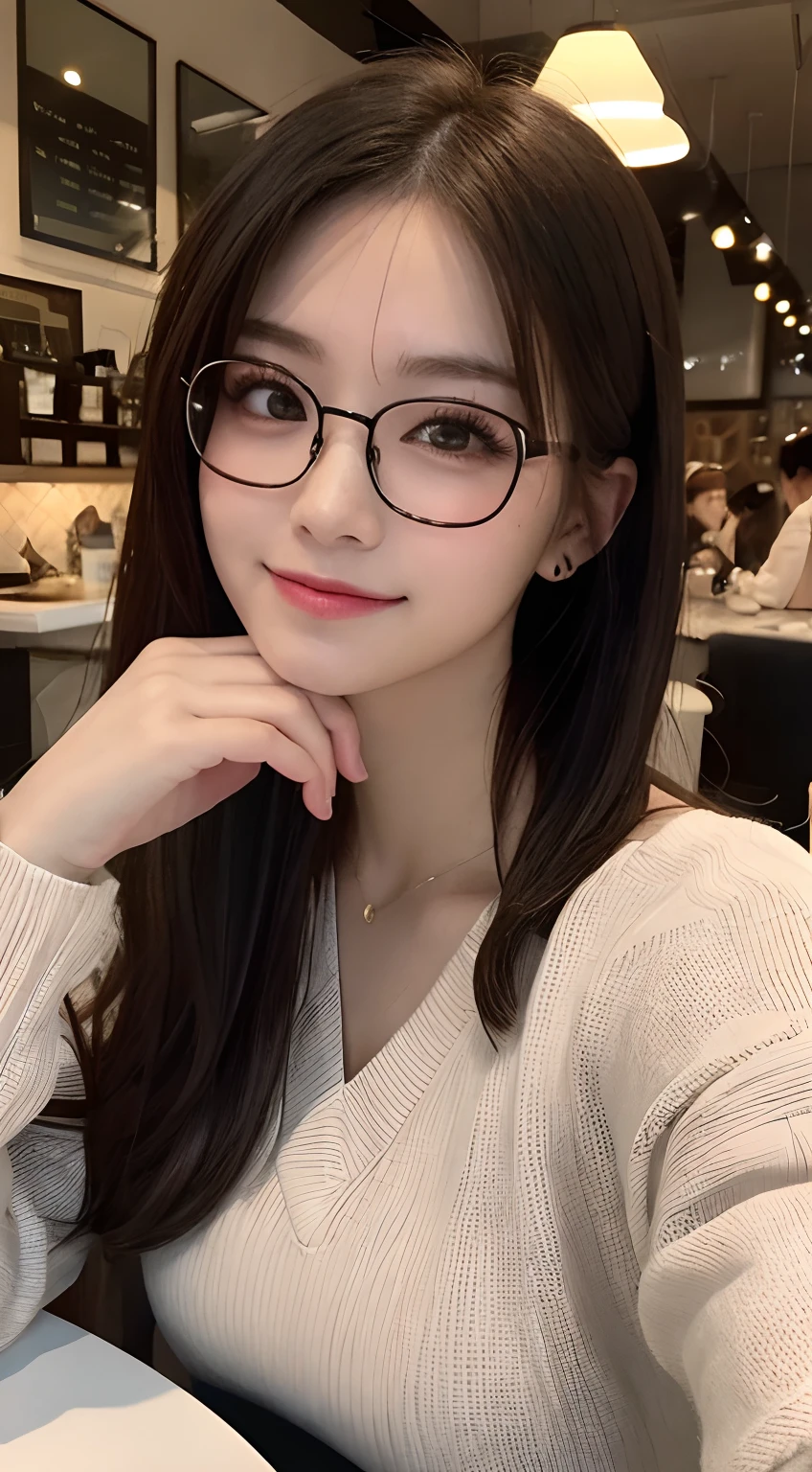 Create an ultra-realistic image of a 21-year-old Japanese woman named Kotone attending a university lecture while wearing glasses. She has extremely long, perfectly straight black hair that flows down to her waist, with blunt bangs that cover her forehead. Her eyes are large, enchanting, and have double eyelids with sparkling black pupils, giving them a captivating and youthful appearance, now accentuated by a pair of stylish glasses. Her face is delicate and innocent, with very thin eyebrows that frame her large, childlike eyes. She has a small mouth with sexy lips, and her skin is smooth and flawless, resembling snow in its pure white color. She has a slender and well-proportioned body with a shapely bust size of 95 cm, a height of 158 cm, a weight of 43 kg, an ideal waist size of 58.46 cm, and an ideal hip size of 86.73 cm. Her complexion is flawless, without any wrinkles, and her natural makeup enhances her features subtly, maintaining a fresh and youthful look. She embodies a perfect balance of youthful charm and mature elegance, with a cute and innocent smile that adds warmth and affection to her appearance.

Kotone should be depicted sitting in a university classroom, attentively listening to the lecture. Her long black hair should flow naturally over her shoulders, framing her face and upper body. She is wearing a pair of stylish glasses that complement her delicate features. Her pose should be focused and engaged, with one hand possibly taking notes and the other resting on the desk. Her expression should be thoughtful and serious, reflecting her dedication to her studies. The lighting should be bright and natural, highlighting her smooth skin and delicate features, creating a sense of depth and realism. The background should include elements of a university classroom, such as desks, a whiteboard, and other students, ensuring that every detail of her appearance and the academic environment is highlighted. She is wearing a casual yet stylish outfit suitable 